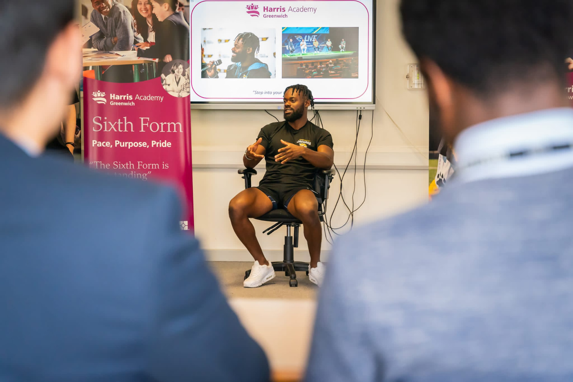 Ayo Oyelola speaking to sixth form students at Harris Academy Greenwich