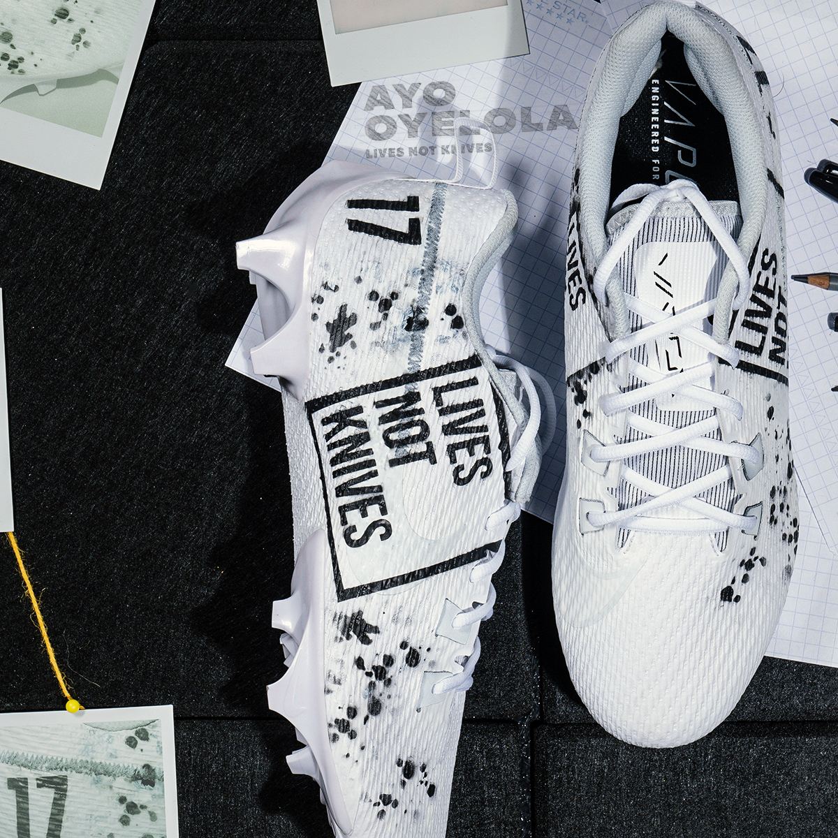 Custom Lives Not Knives cleats designed for Ayo Oyelola